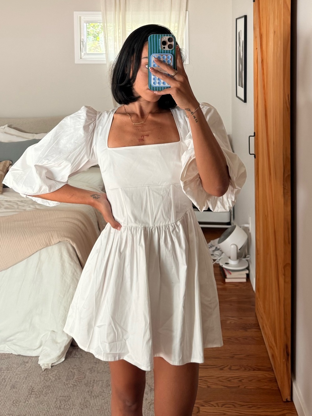 DANIELLE BERNSTEIN White Puff-Sleeve Mini Dress